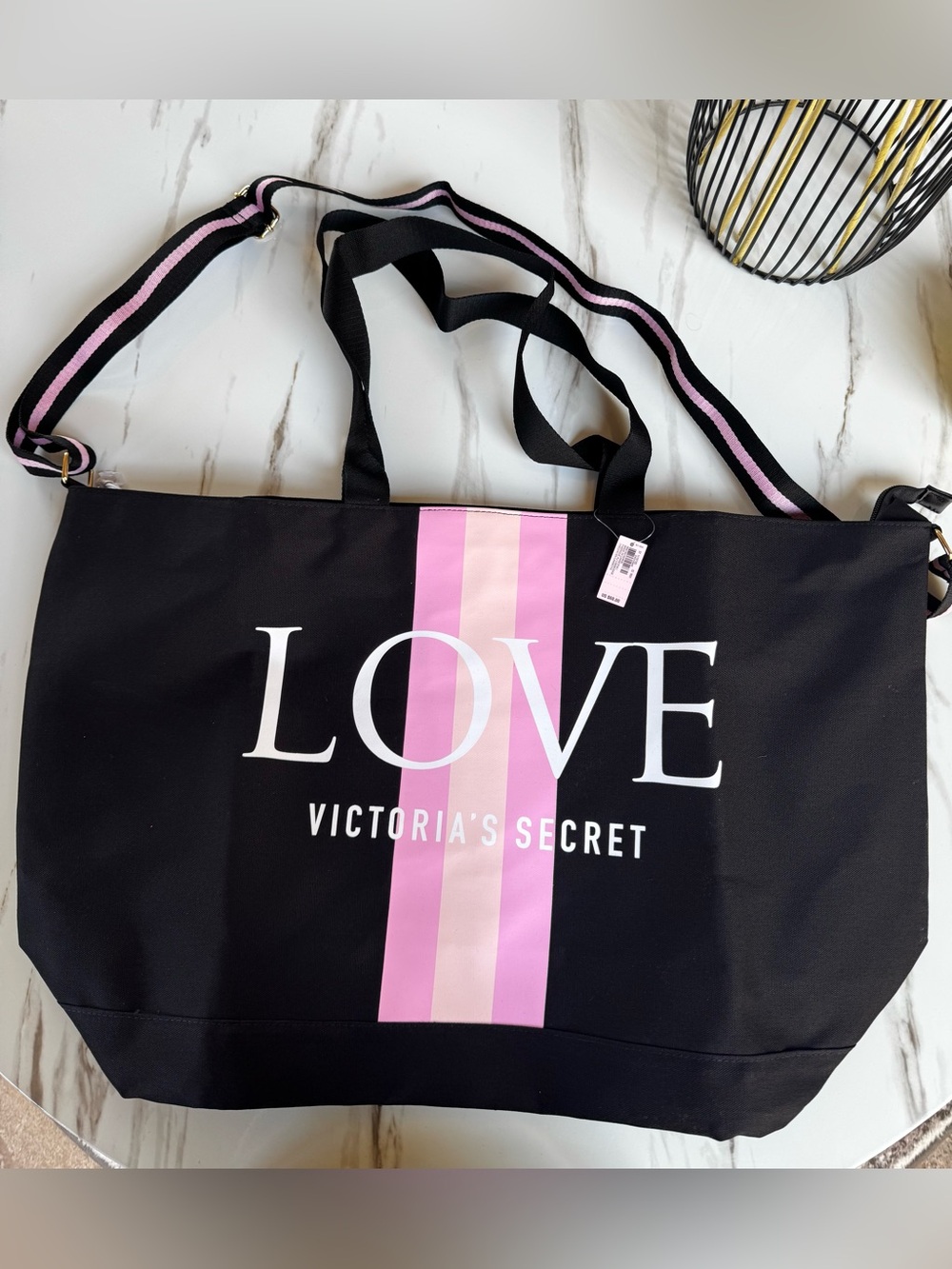 Victoria's Secret Black Tote with Pink Center Stripe and LOVE Logo
